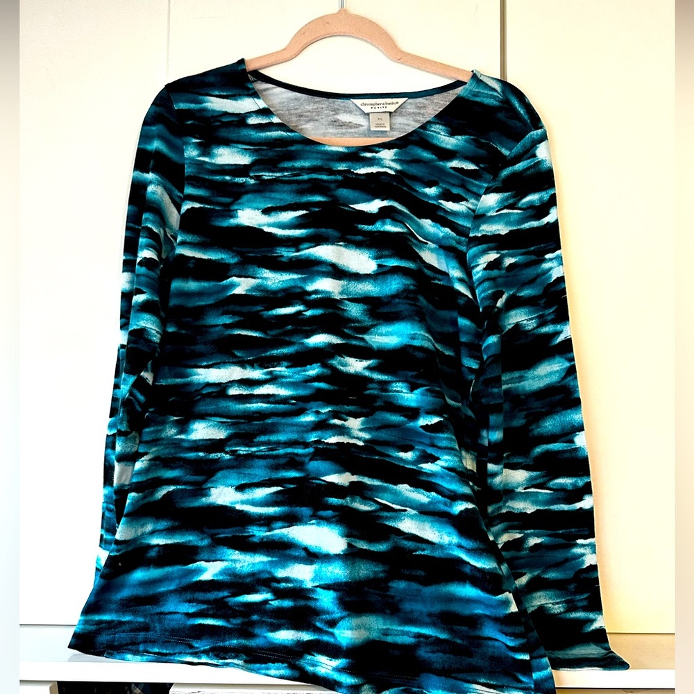 🌊 Christopher & Banks Petite Top P/L Teal Black Abstract Stretch